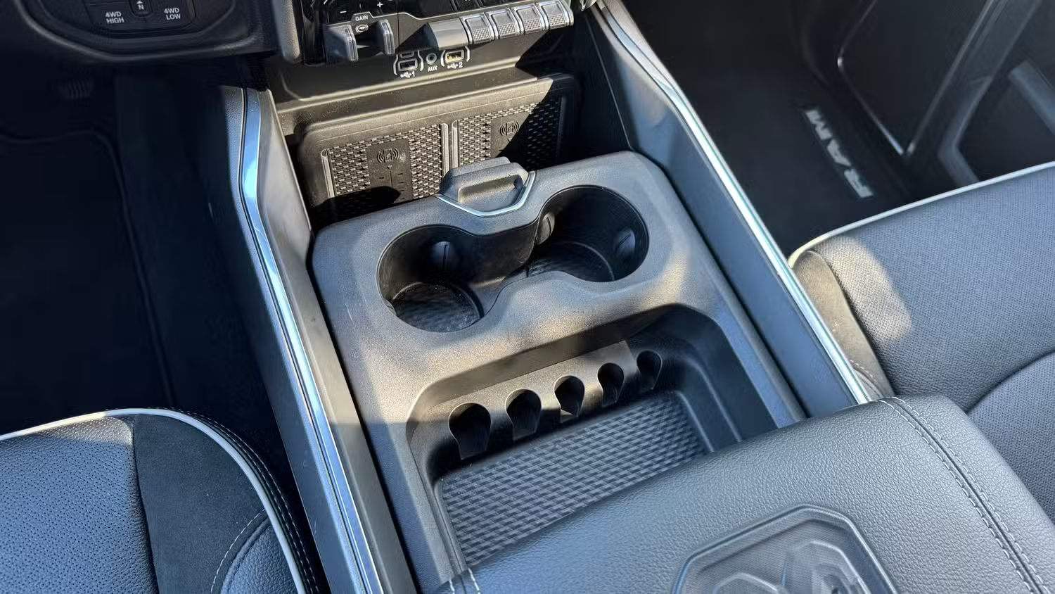 Factory truck console before custom equipment integration